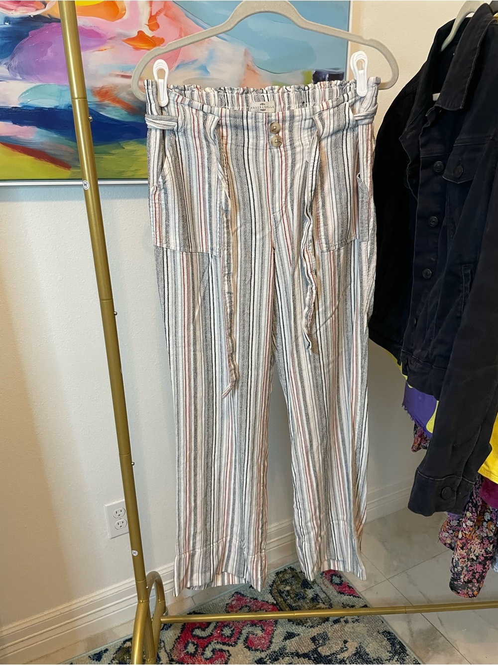 Striped Paperbag Waist Linen-Blend Pants in Multi Large
